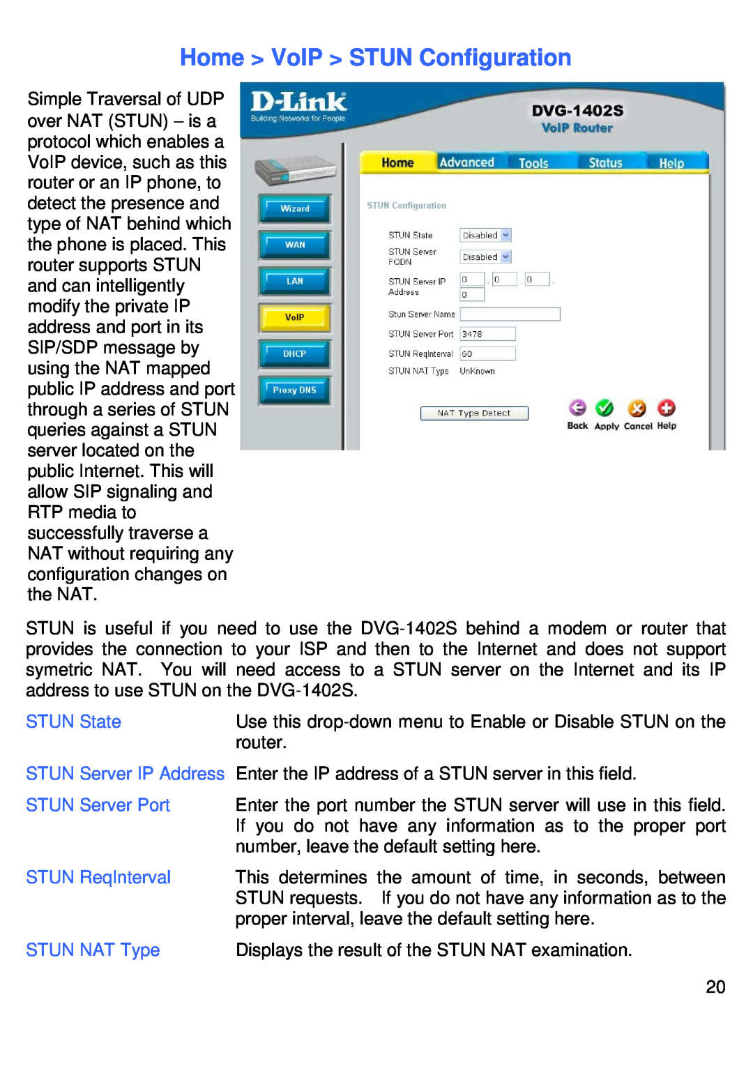 D-Link DVG-1402S Home VoIP STUN Configuration, STUN State, STUN Server IP Address, STUN Server Port, STUN ReqInterval 