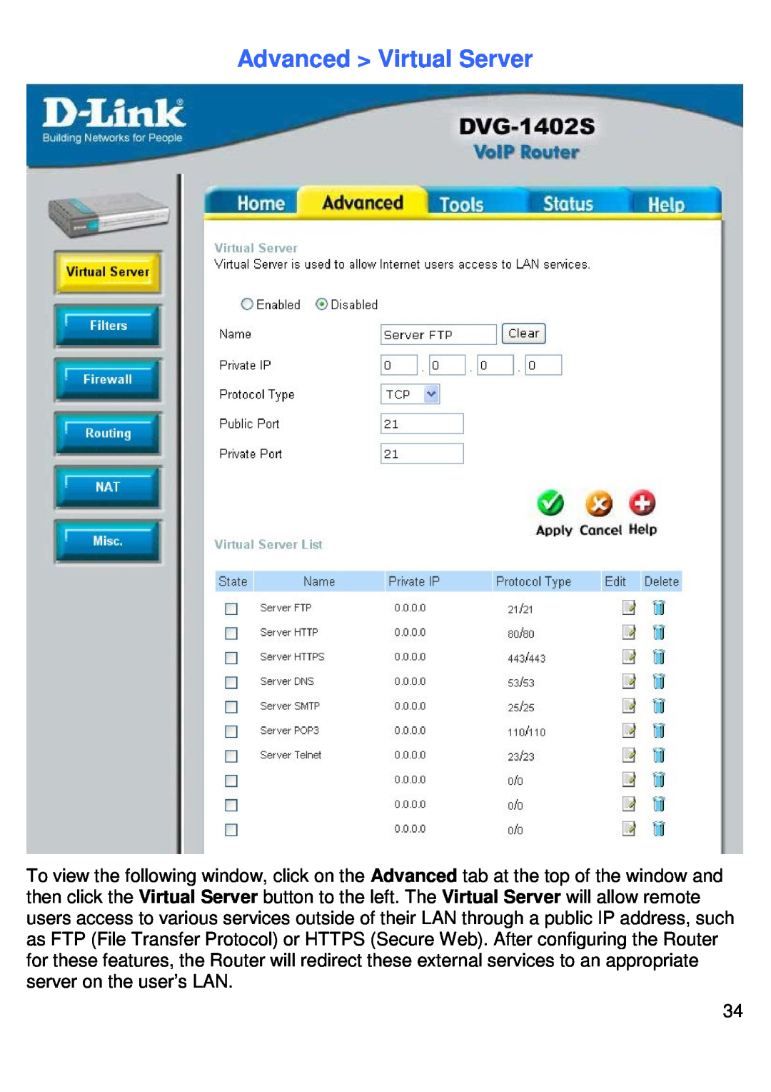 D-Link DVG-1402S manual Advanced Virtual Server 