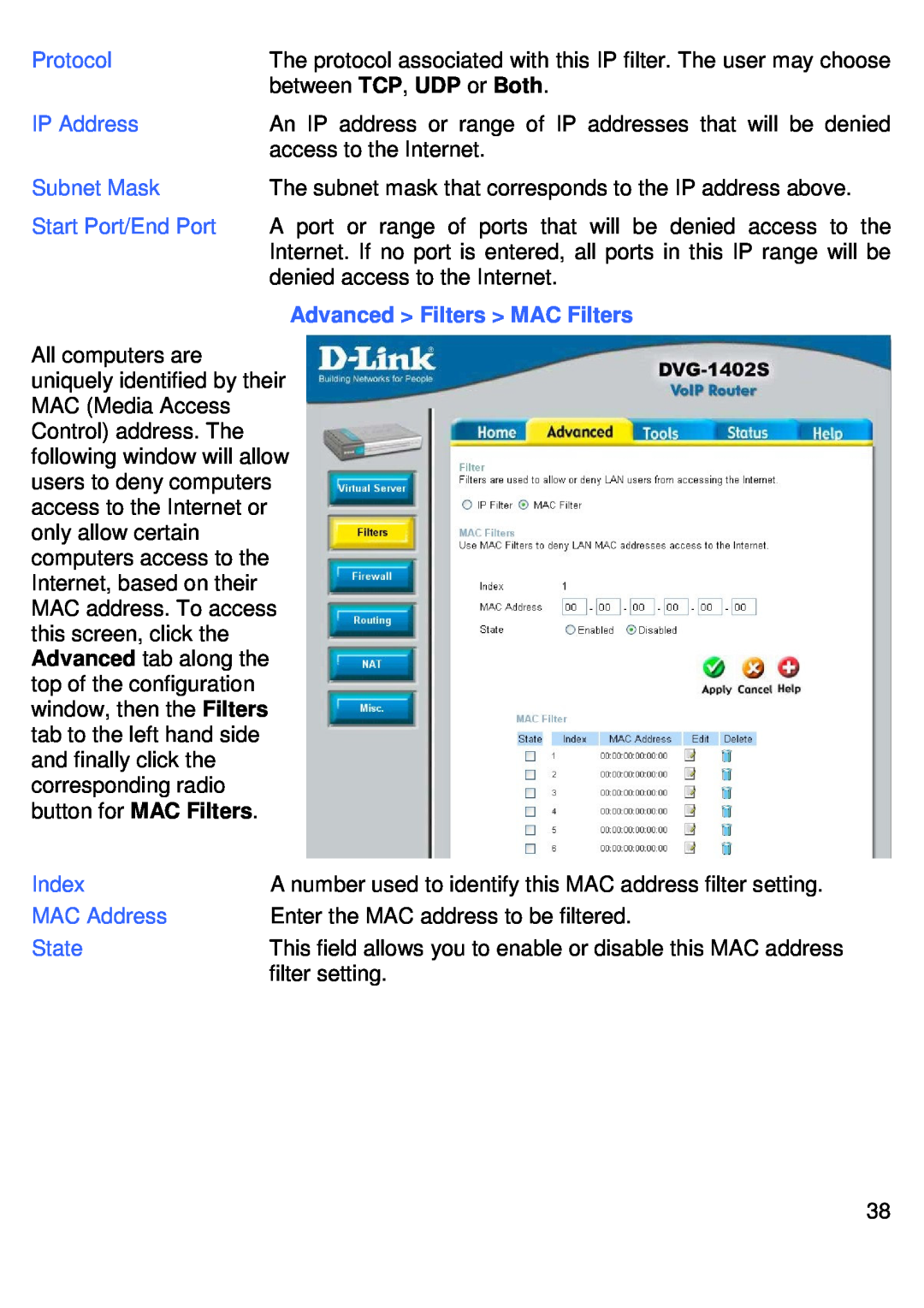 D-Link DVG-1402S Protocol, IP Address, Subnet Mask, Start Port/End Port, Advanced Filters MAC Filters, Index, MAC Address 