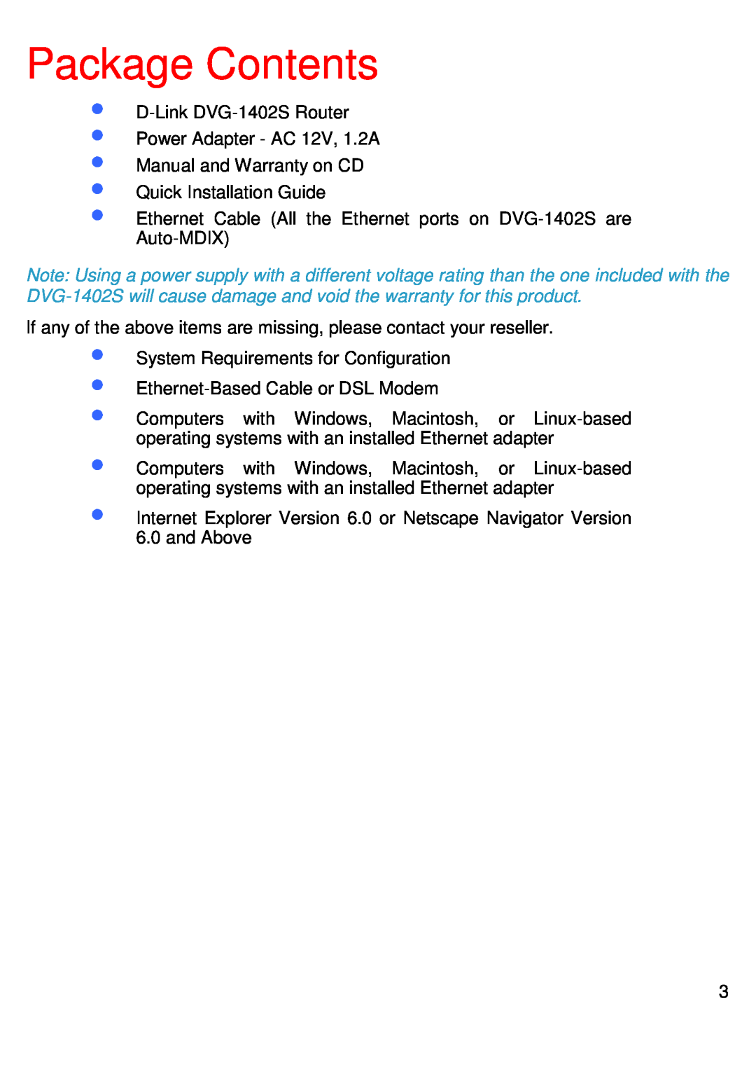 D-Link DVG-1402S manual Package Contents 