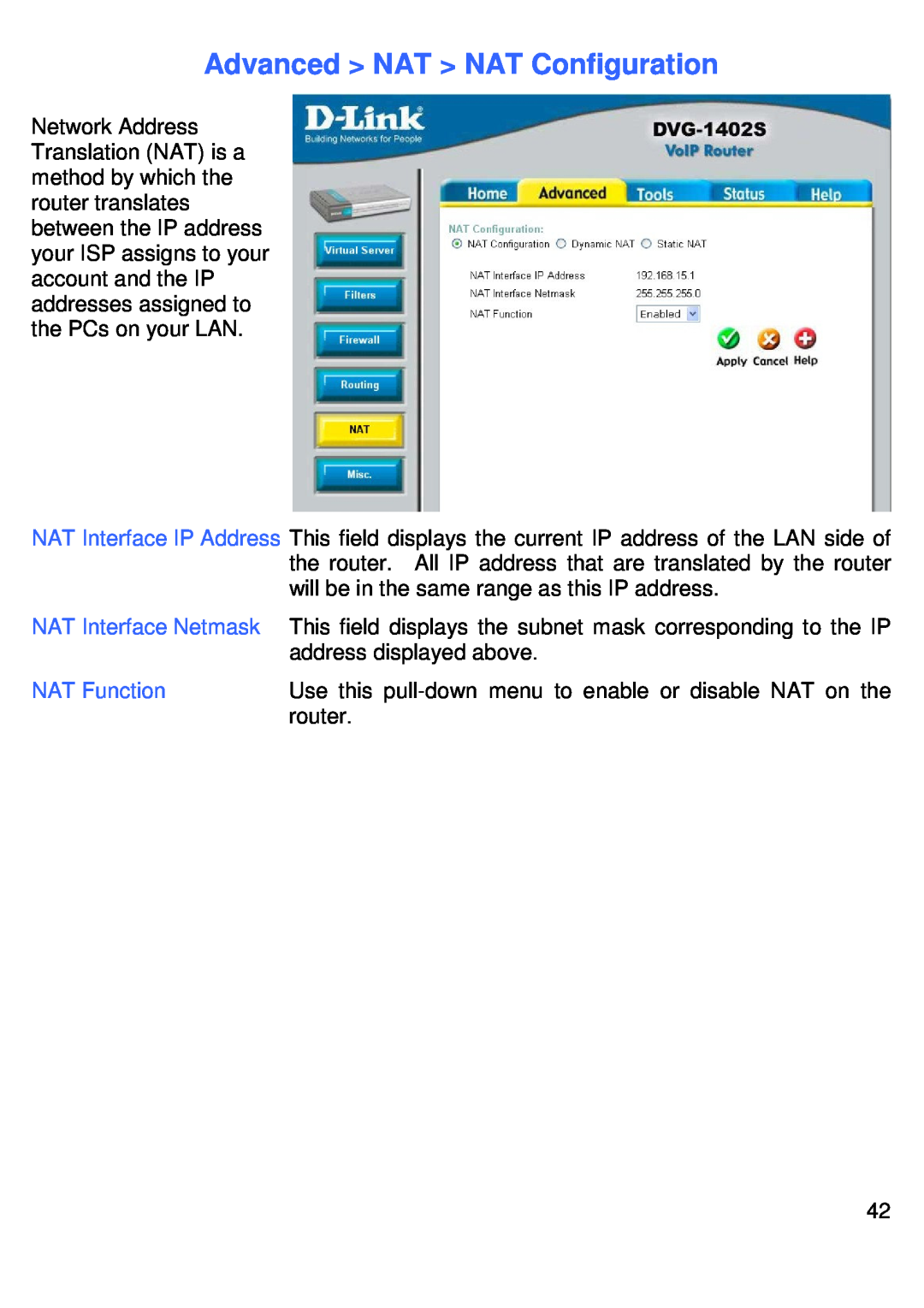 D-Link DVG-1402S manual Advanced NAT NAT Configuration, NAT Interface Netmask, NAT Function 
