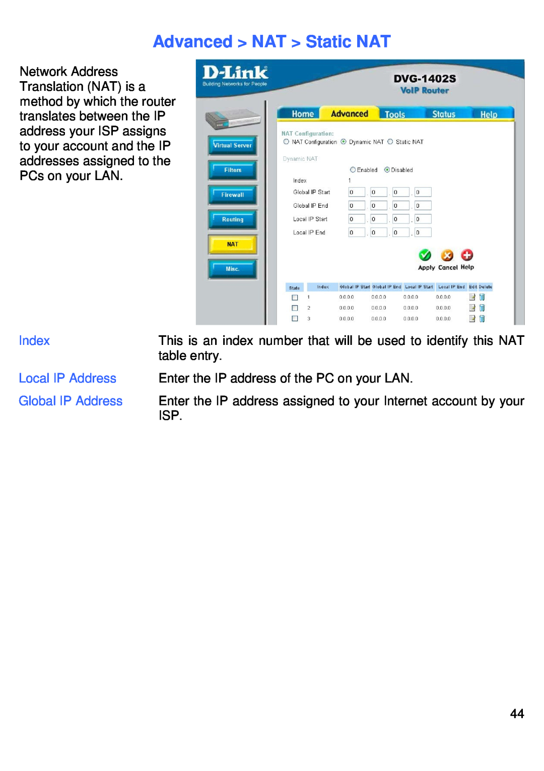 D-Link DVG-1402S manual Advanced NAT Static NAT, Index, Local IP Address, Global IP Address 