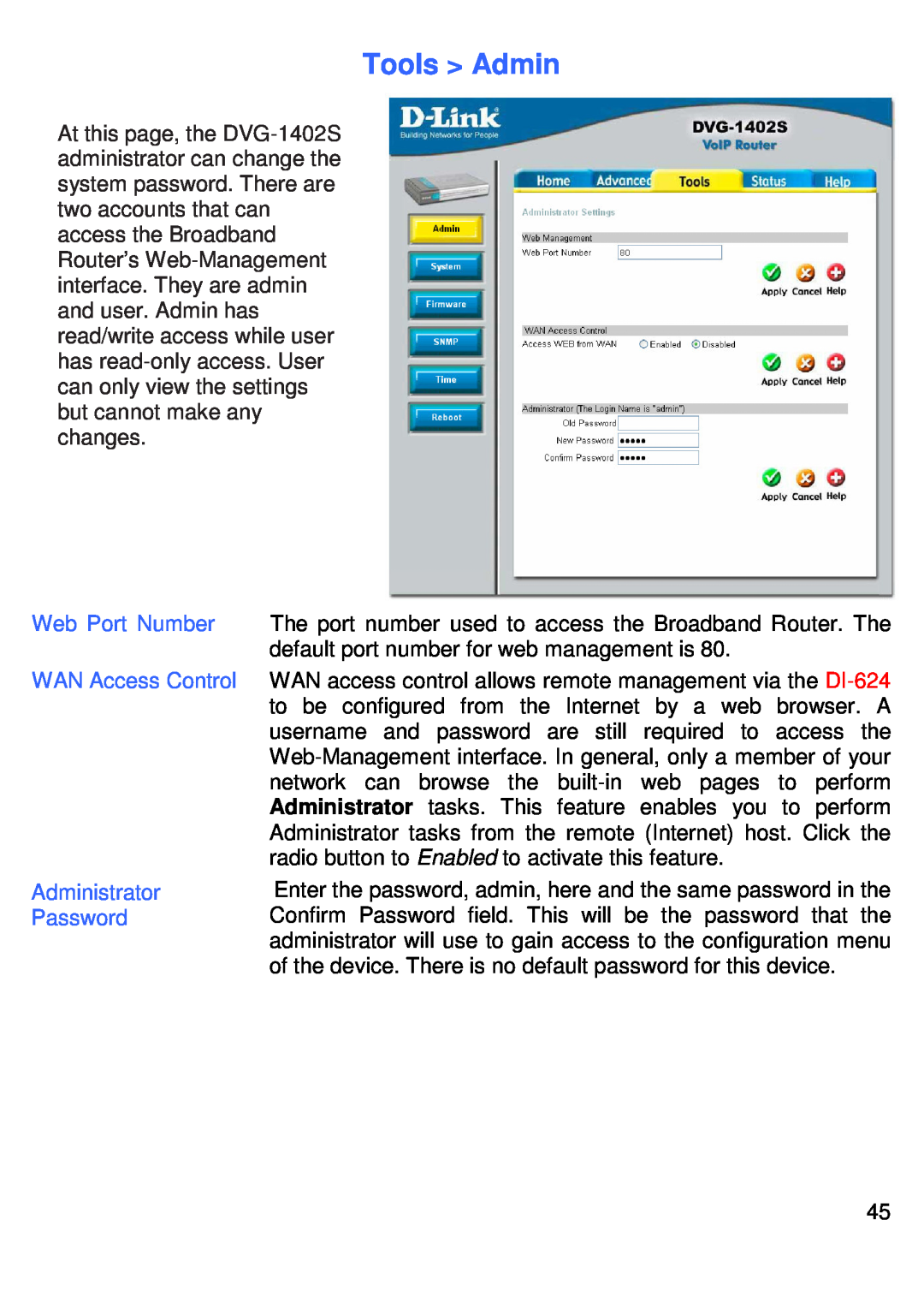 D-Link DVG-1402S manual Tools Admin, Web Port Number WAN Access Control Administrator Password 