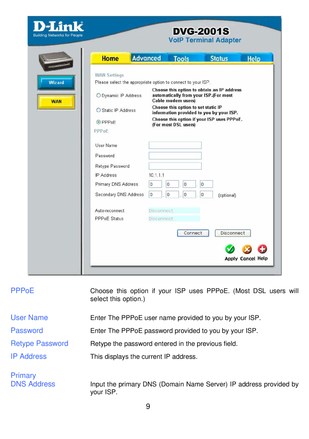 D-Link DVG-2001S manual PPPoE, User Name, Retype Password 