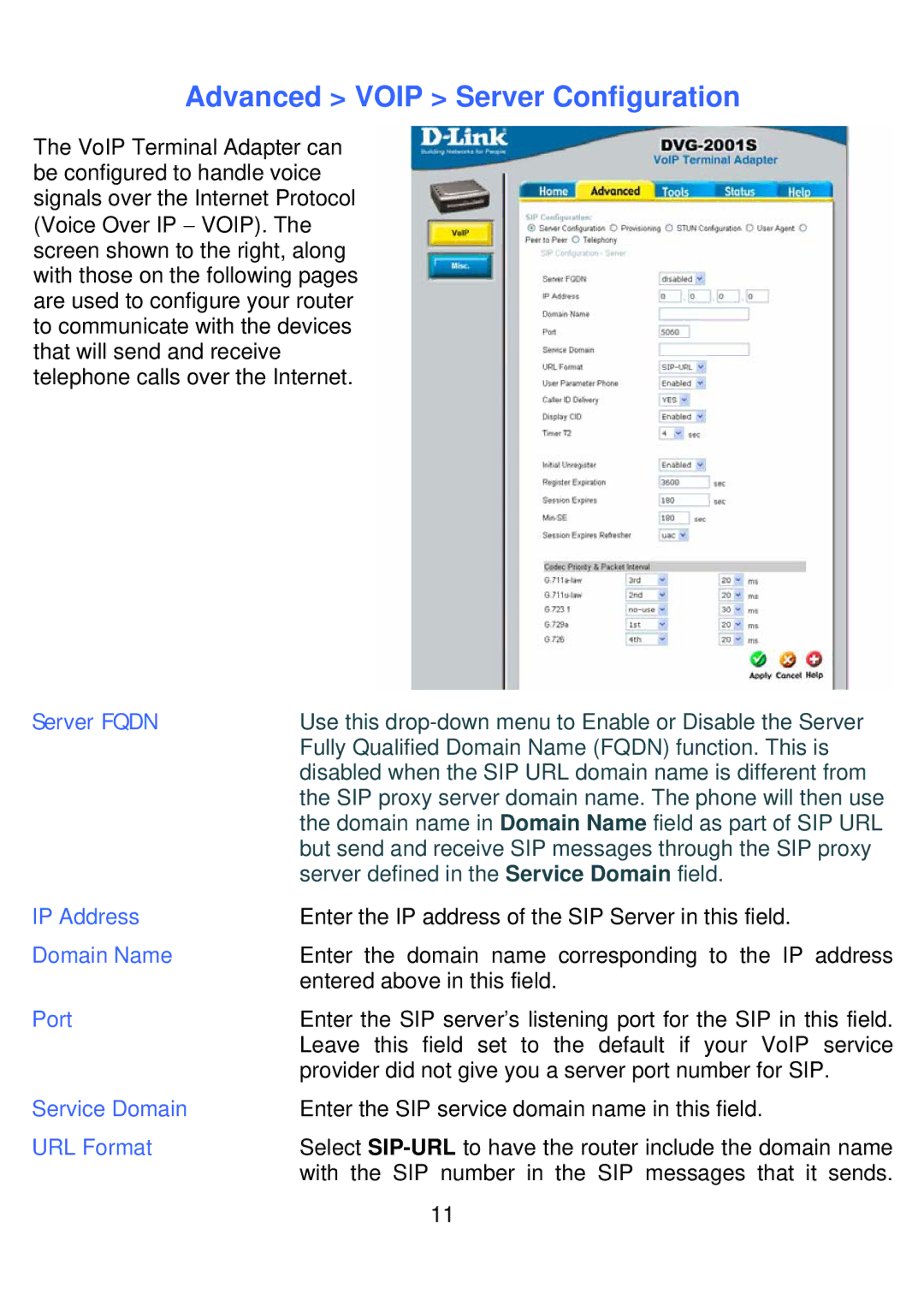 D-Link DVG-2001S manual Advanced Voip Server Configuration, Domain Name, Port, Service Domain, URL Format 