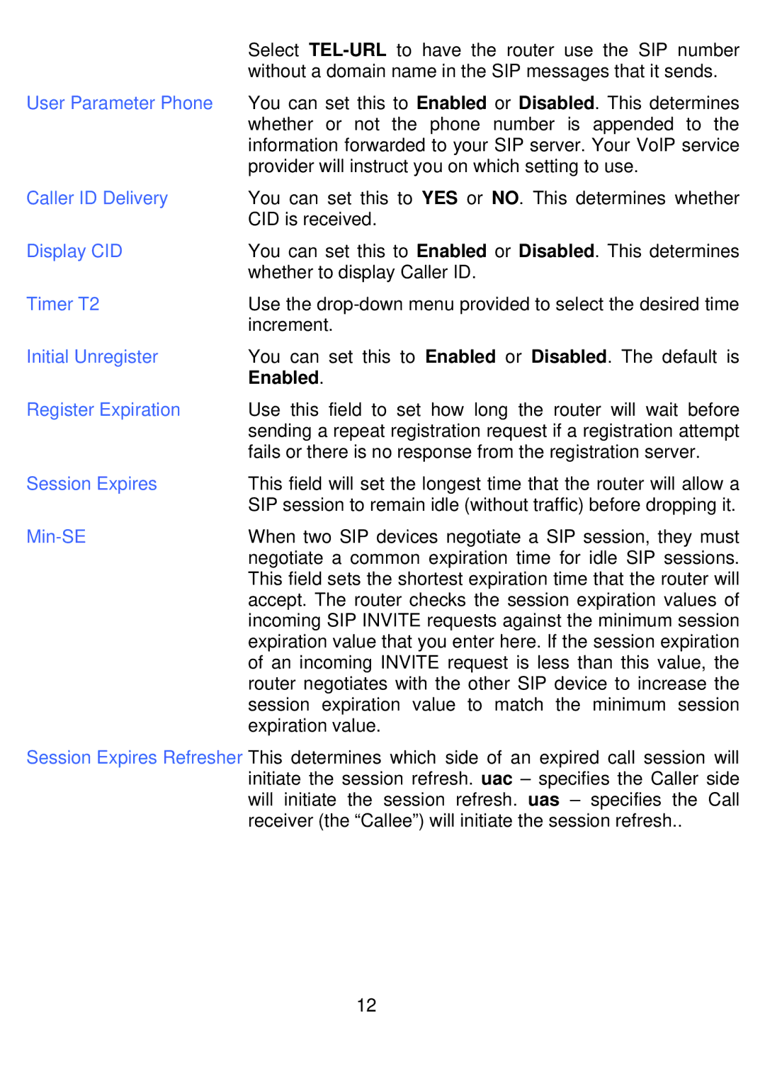 D-Link DVG-2001S User Parameter Phone, Caller ID Delivery, Display CID, Timer T2, Initial Unregister, Register Expiration 