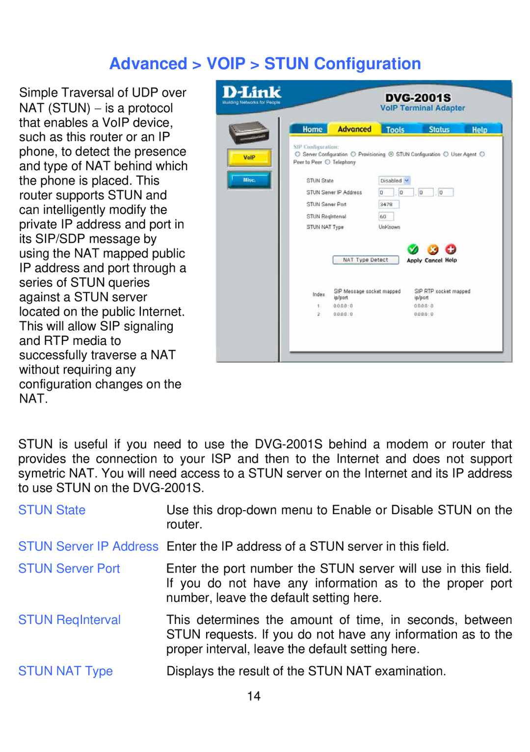 D-Link DVG-2001S manual Advanced Voip Stun Configuration, Stun State, Stun Server Port, Stun ReqInterval, Stun NAT Type 