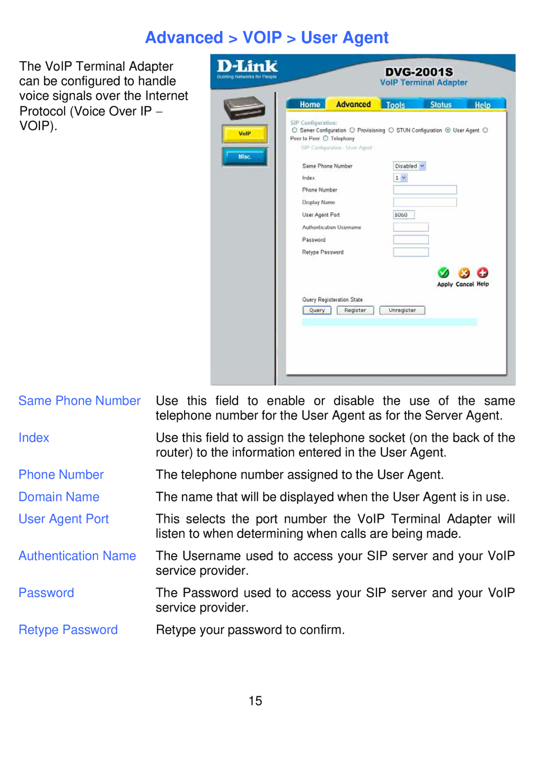 D-Link DVG-2001S manual Advanced Voip User Agent 