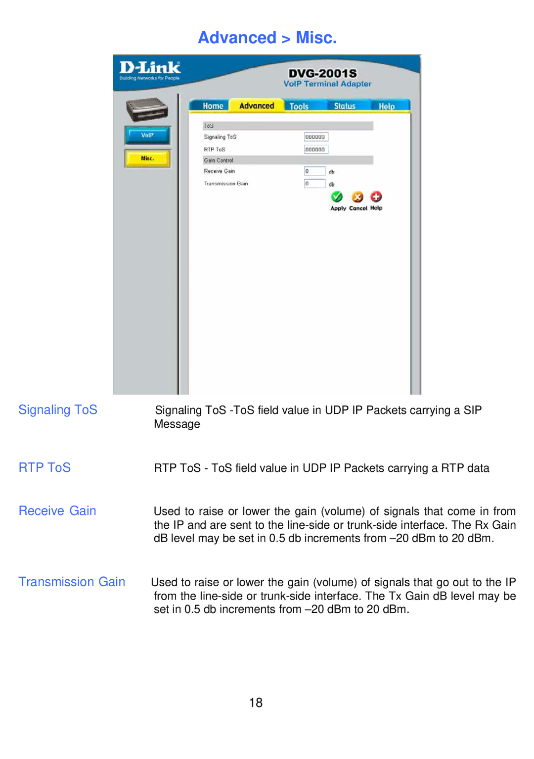 D-Link DVG-2001S manual Advanced Misc, Signaling ToS, RTP ToS, Receive Gain, Transmission Gain 