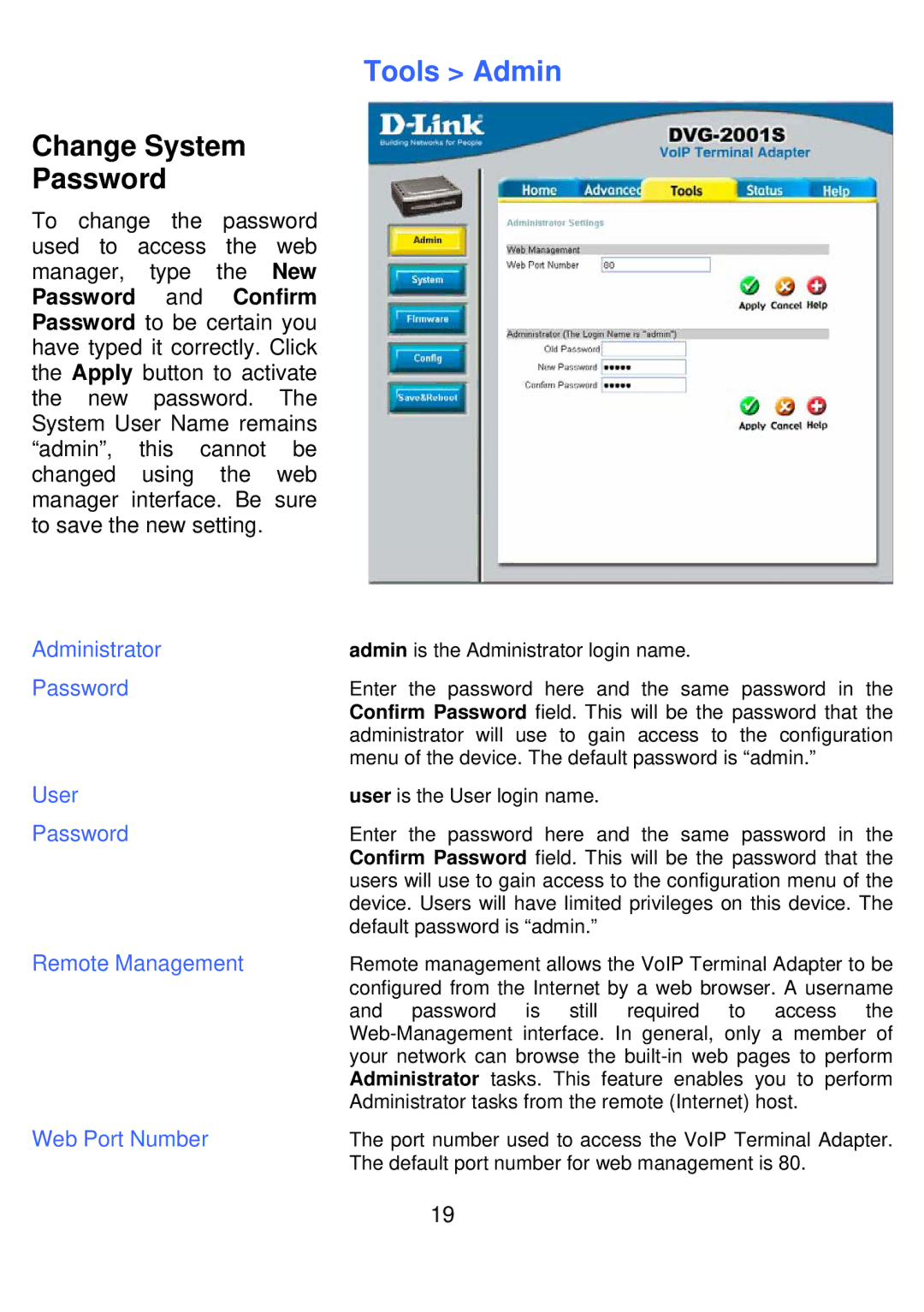 D-Link DVG-2001S manual Change System Password, Tools Admin 