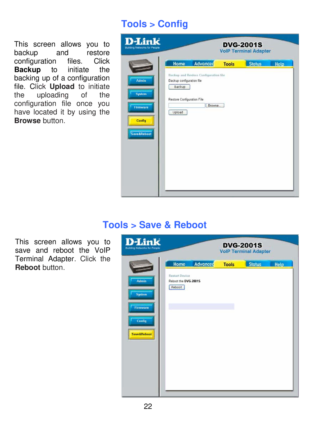 D-Link DVG-2001S manual Tools Config, Tools Save & Reboot 