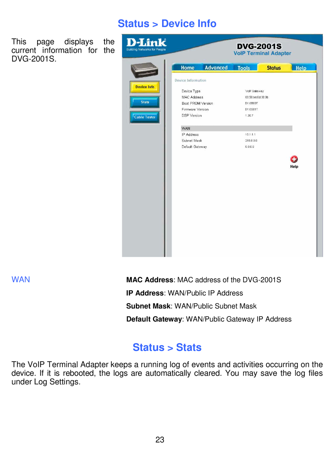 D-Link DVG-2001S manual Status Device Info, Status Stats 