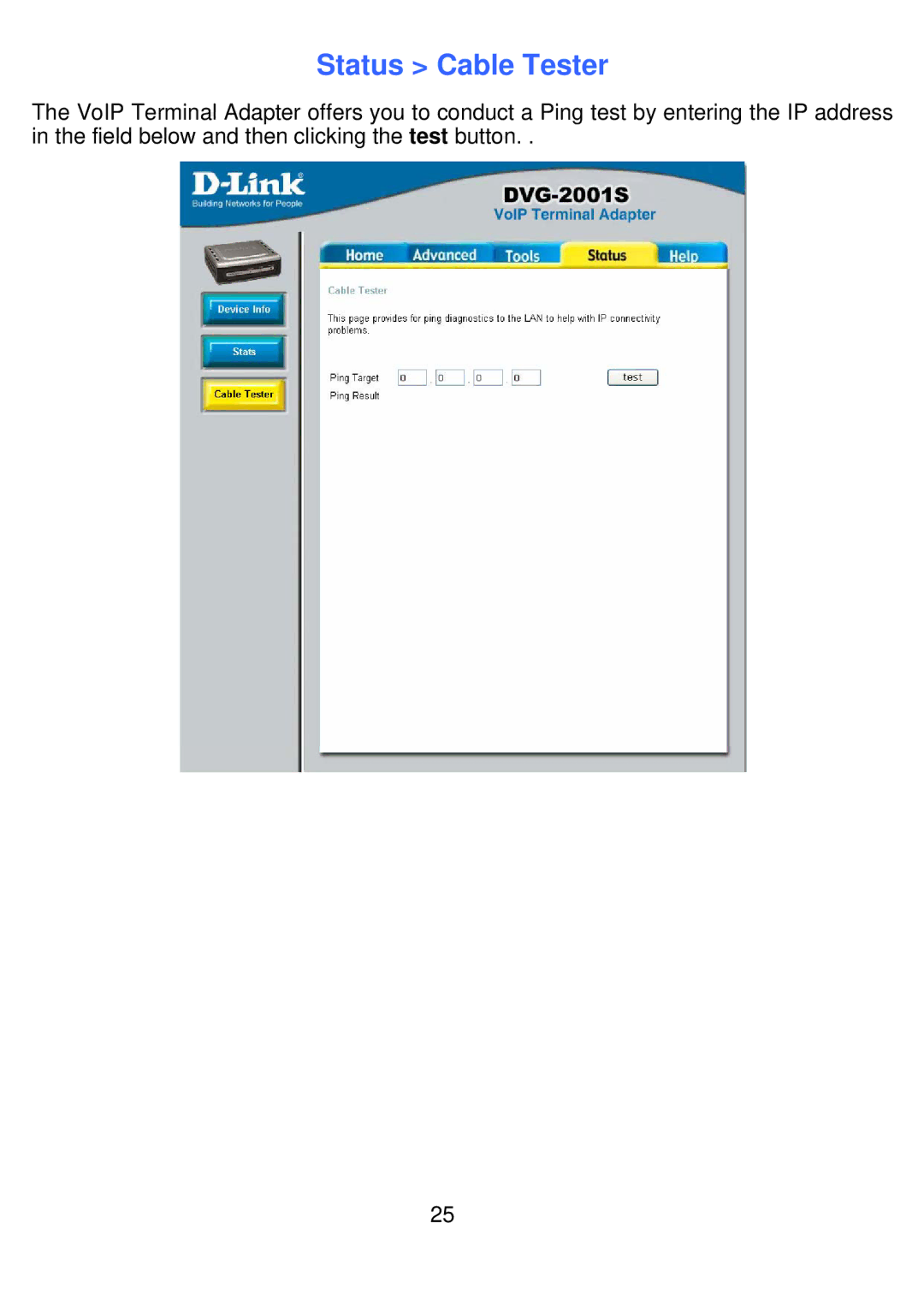 D-Link DVG-2001S manual Status Cable Tester 