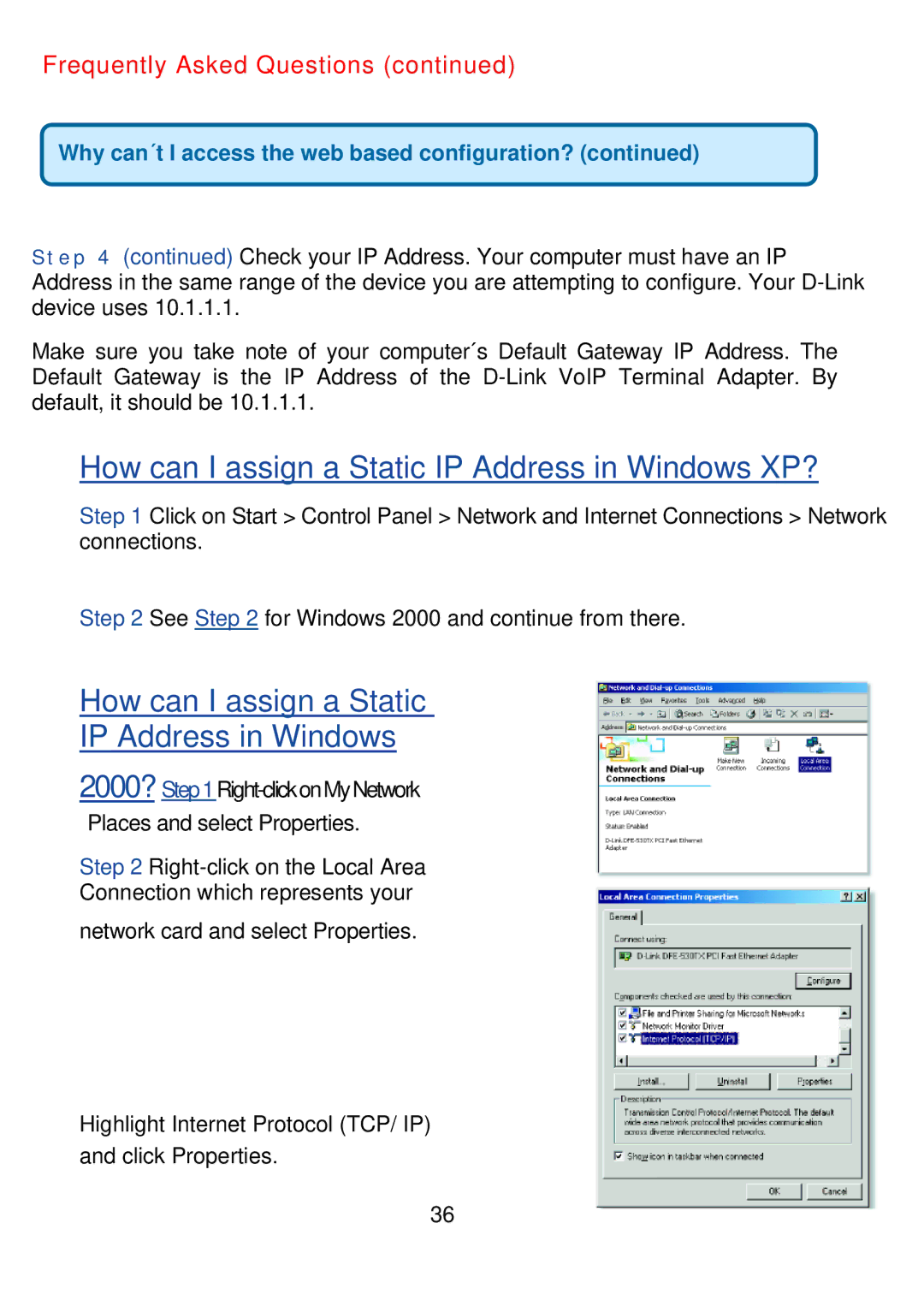 D-Link DVG-2001S manual How can I assign a Static IP Address in Windows XP? 