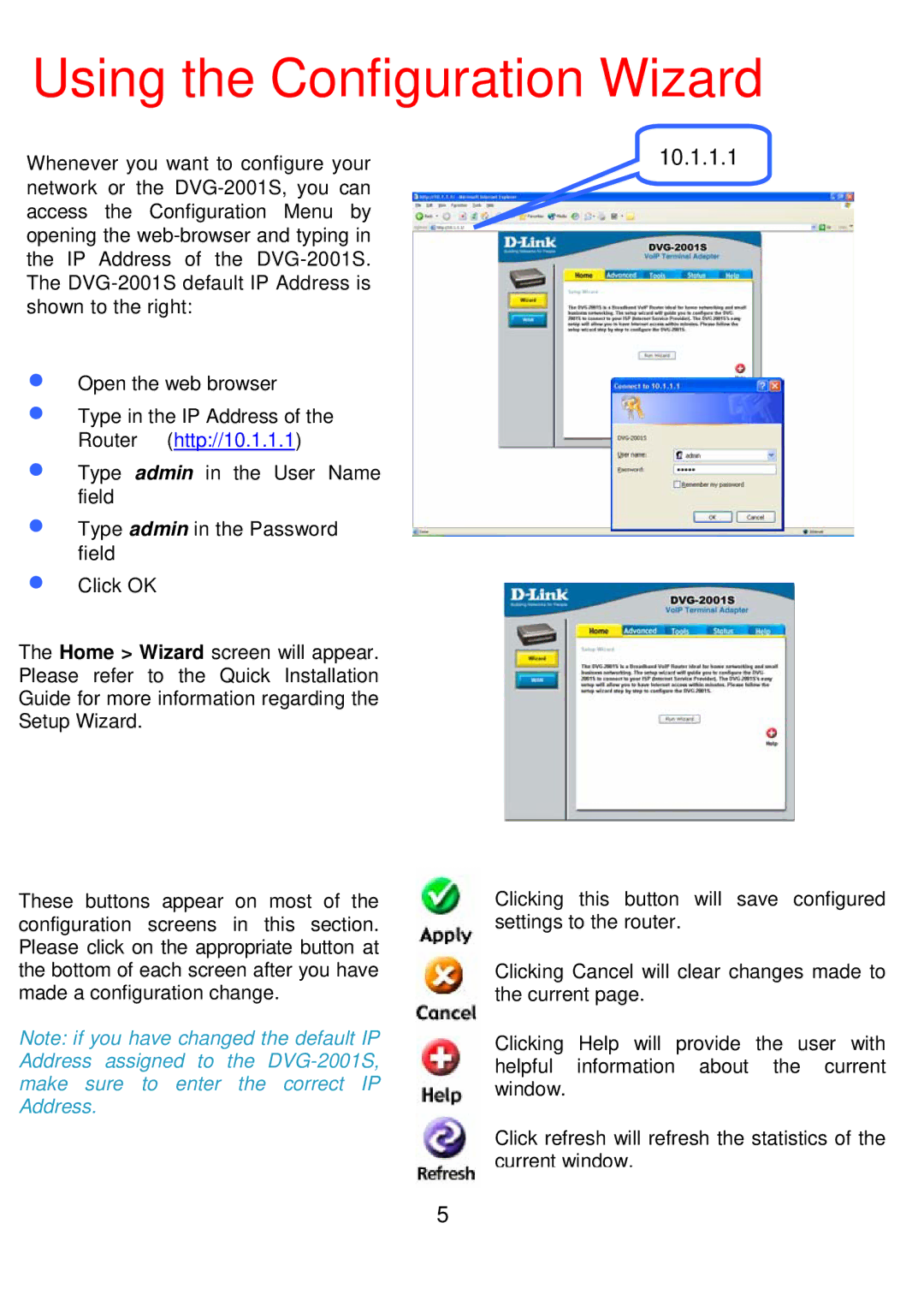 D-Link DVG-2001S manual Using the Configuration Wizard, Using the Configuration Menu contin 