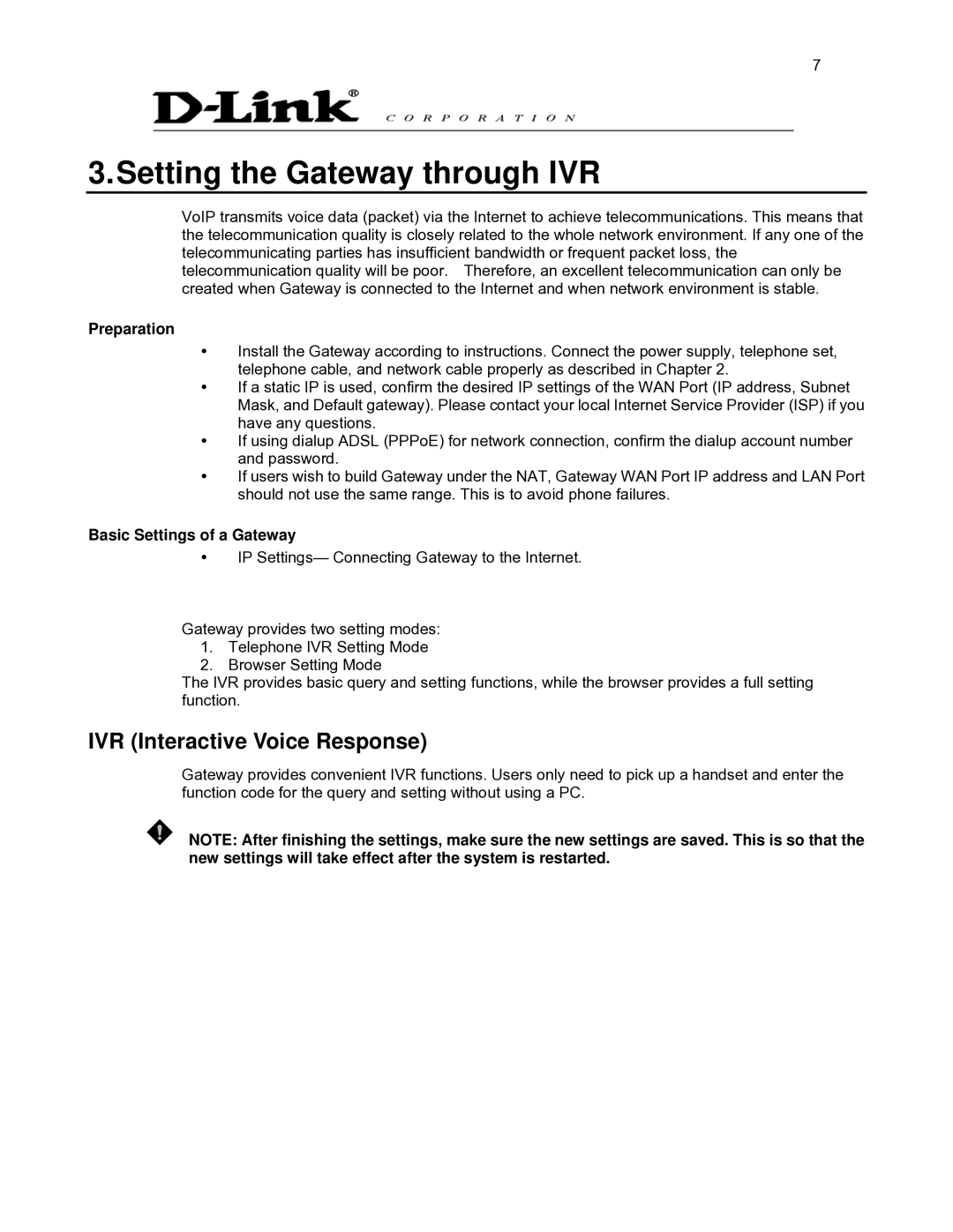 D-Link DVG-2032S user manual IVR Interactive Voice Response, Preparation, Basic Settings of a Gateway 