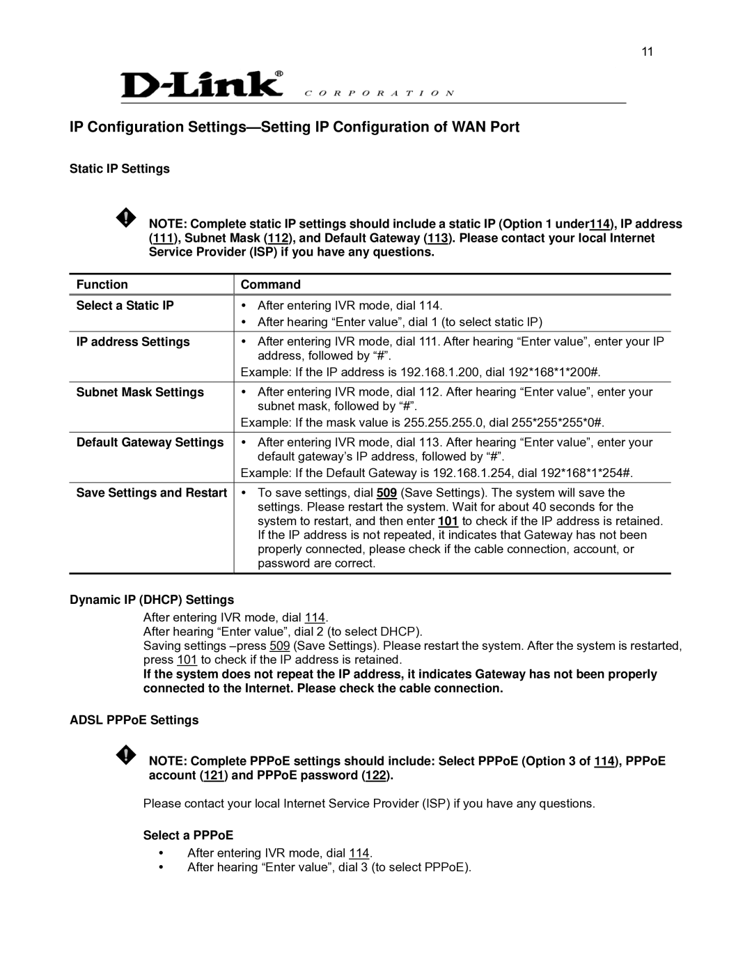 D-Link DVG-2032S Static IP Settings Function Command Select a Static IP, IP address Settings, Subnet Mask Settings 