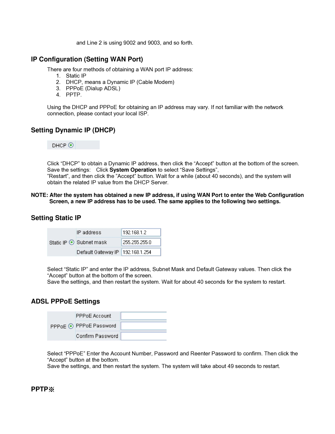 D-Link DVG-2032S IP Configuration Setting WAN Port, Setting Dynamic IP Dhcp, Setting Static IP, Adsl PPPoE Settings 