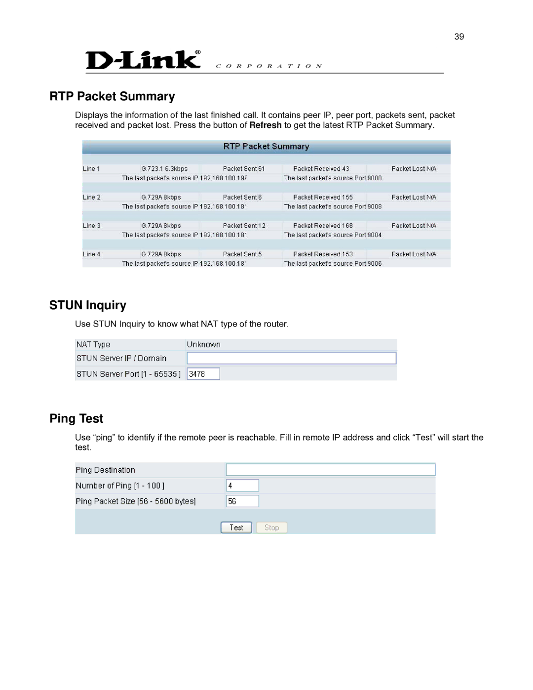 D-Link DVG-2032S user manual RTP Packet Summary, Stun Inquiry, Ping Test 