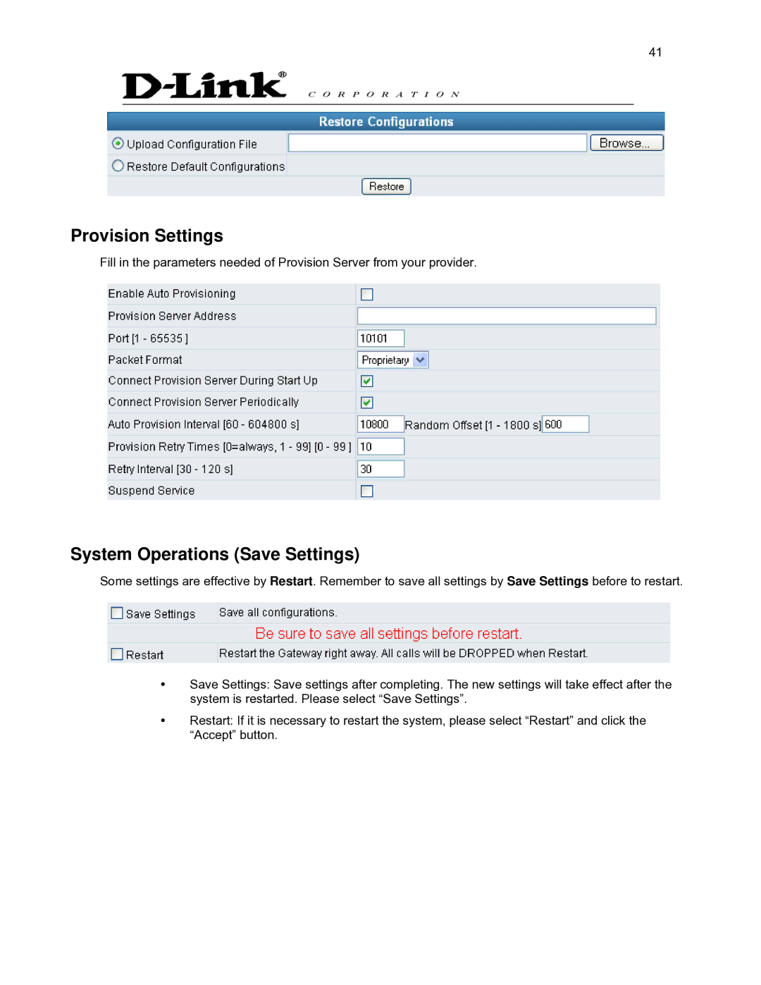 D-Link DVG-2032S user manual Provision Settings, System Operations Save Settings 