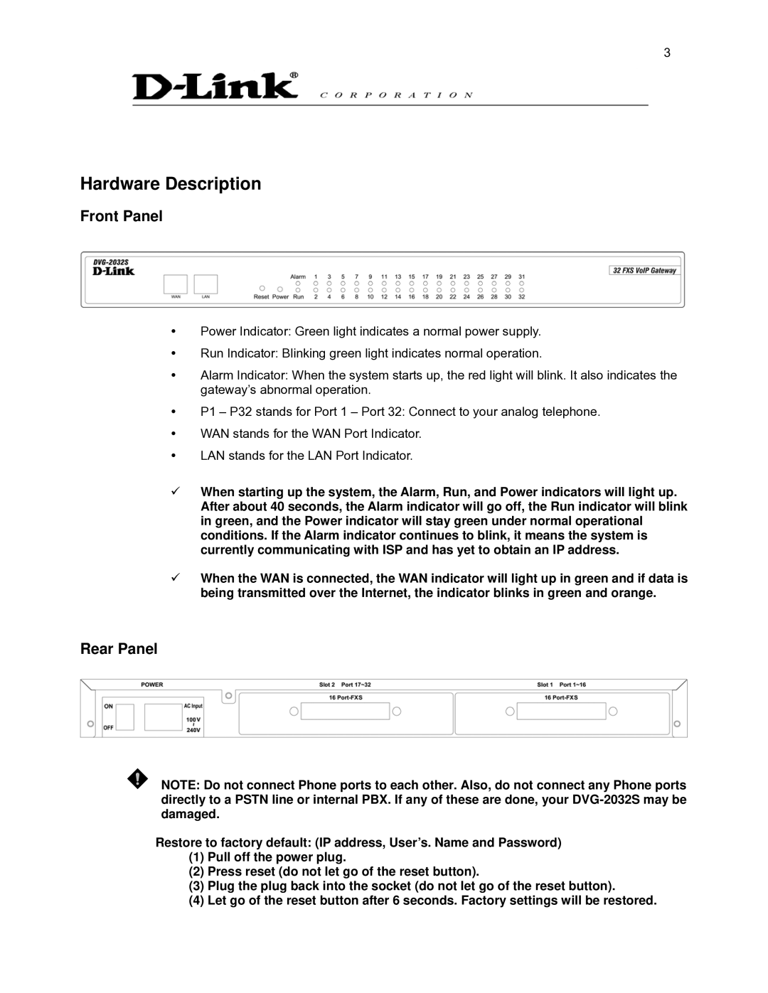 D-Link DVG-2032S user manual Hardware Description, Front Panel, Rear Panel 