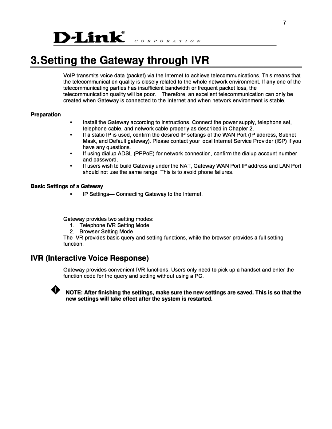 D-Link DVG-2032S Setting the Gateway through IVR, IVR Interactive Voice Response, Preparation, Basic Settings of a Gateway 