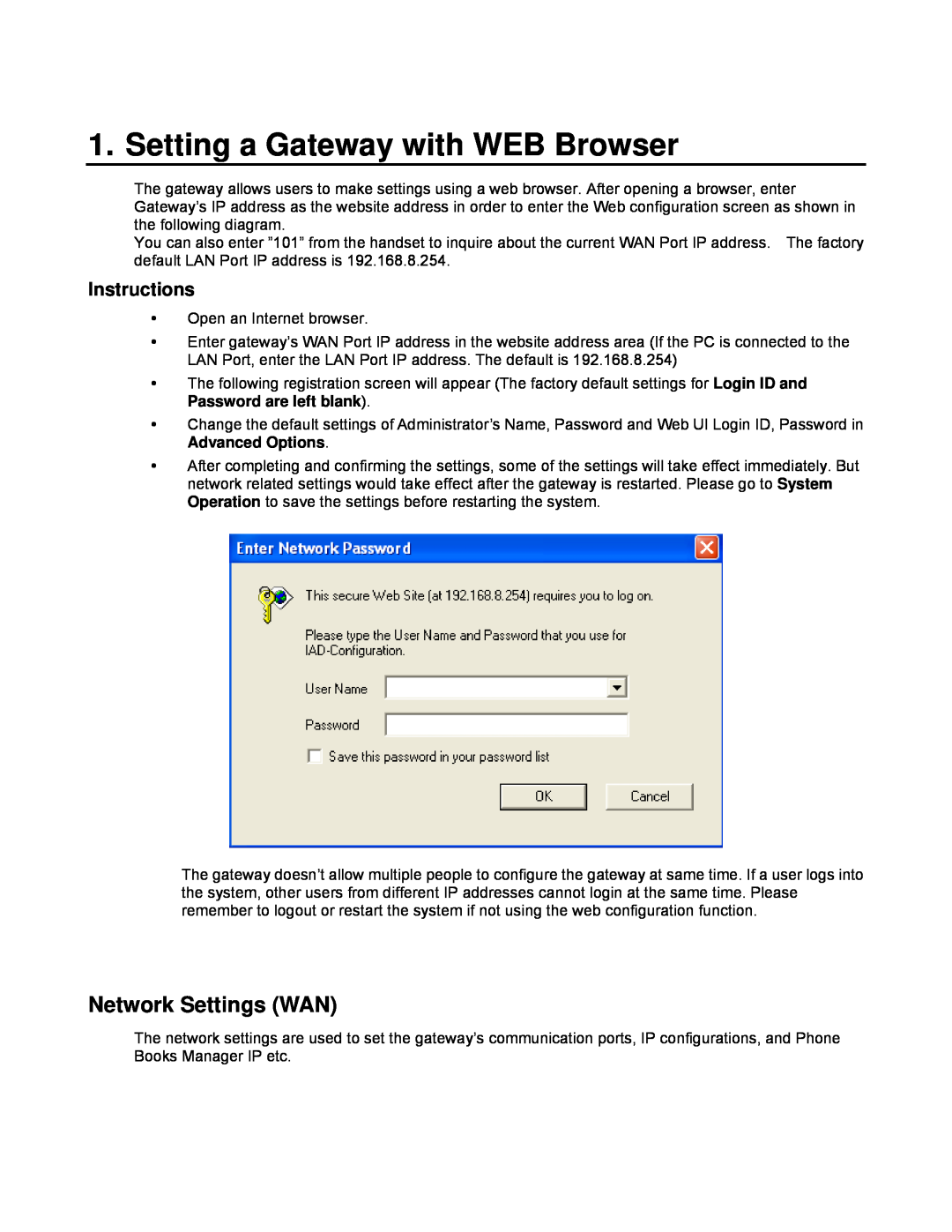 D-Link DVG-2032S user manual Setting a Gateway with WEB Browser, Network Settings WAN, Instructions 