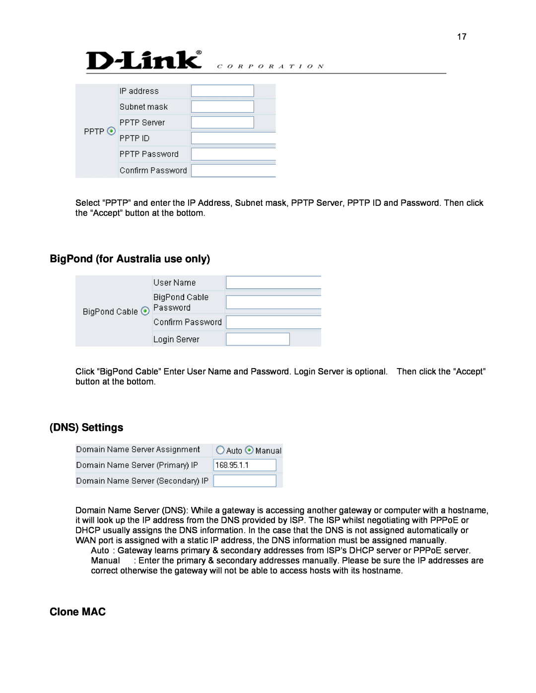 D-Link DVG-2032S user manual BigPond for Australia use only, DNS Settings, Clone MAC 
