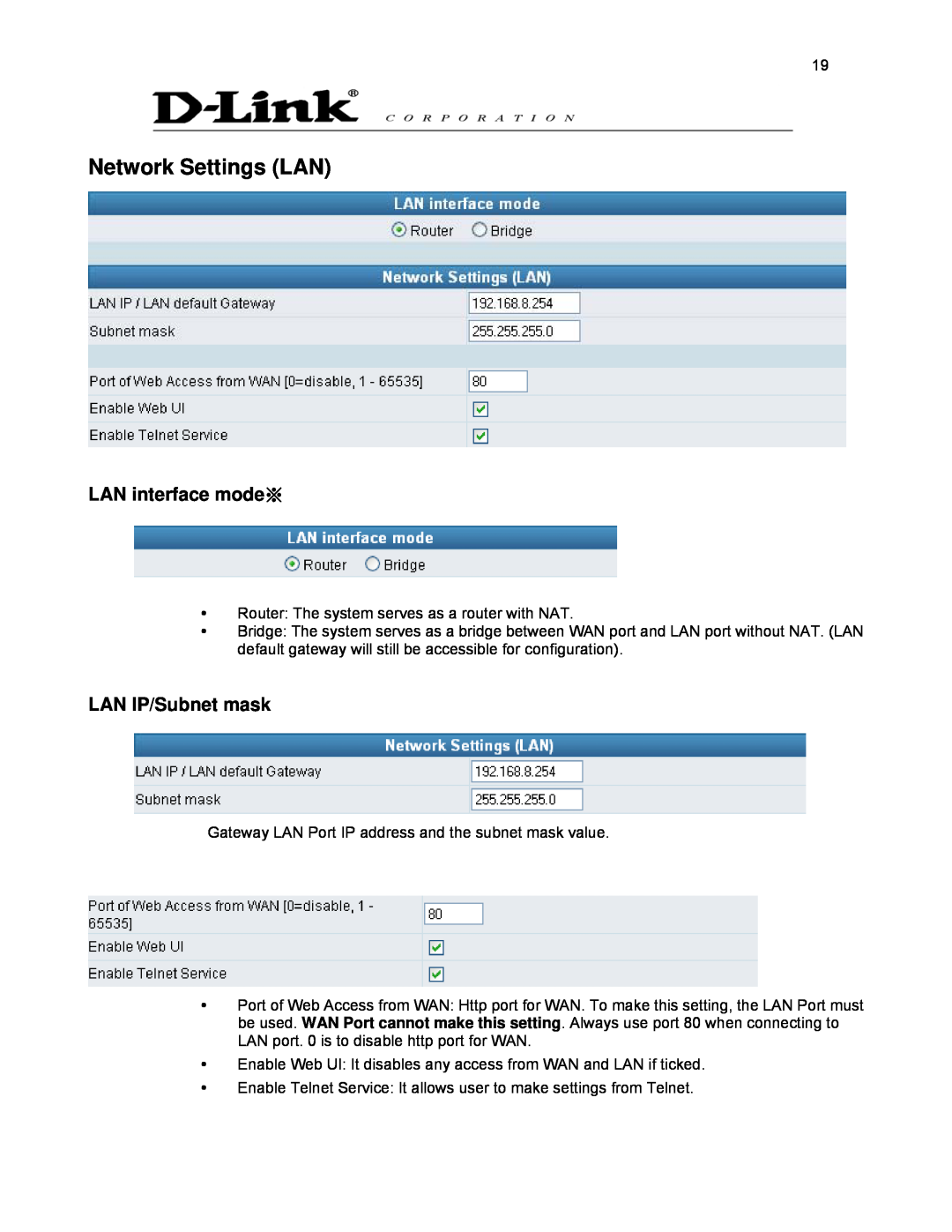 D-Link DVG-2032S user manual Network Settings LAN, LAN interface mode※, LAN IP/Subnet mask 