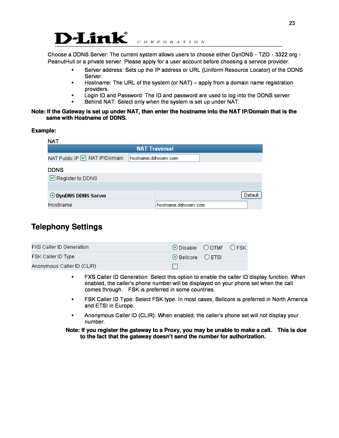 D-Link DVG-2032S user manual Telephony Settings, Example 
