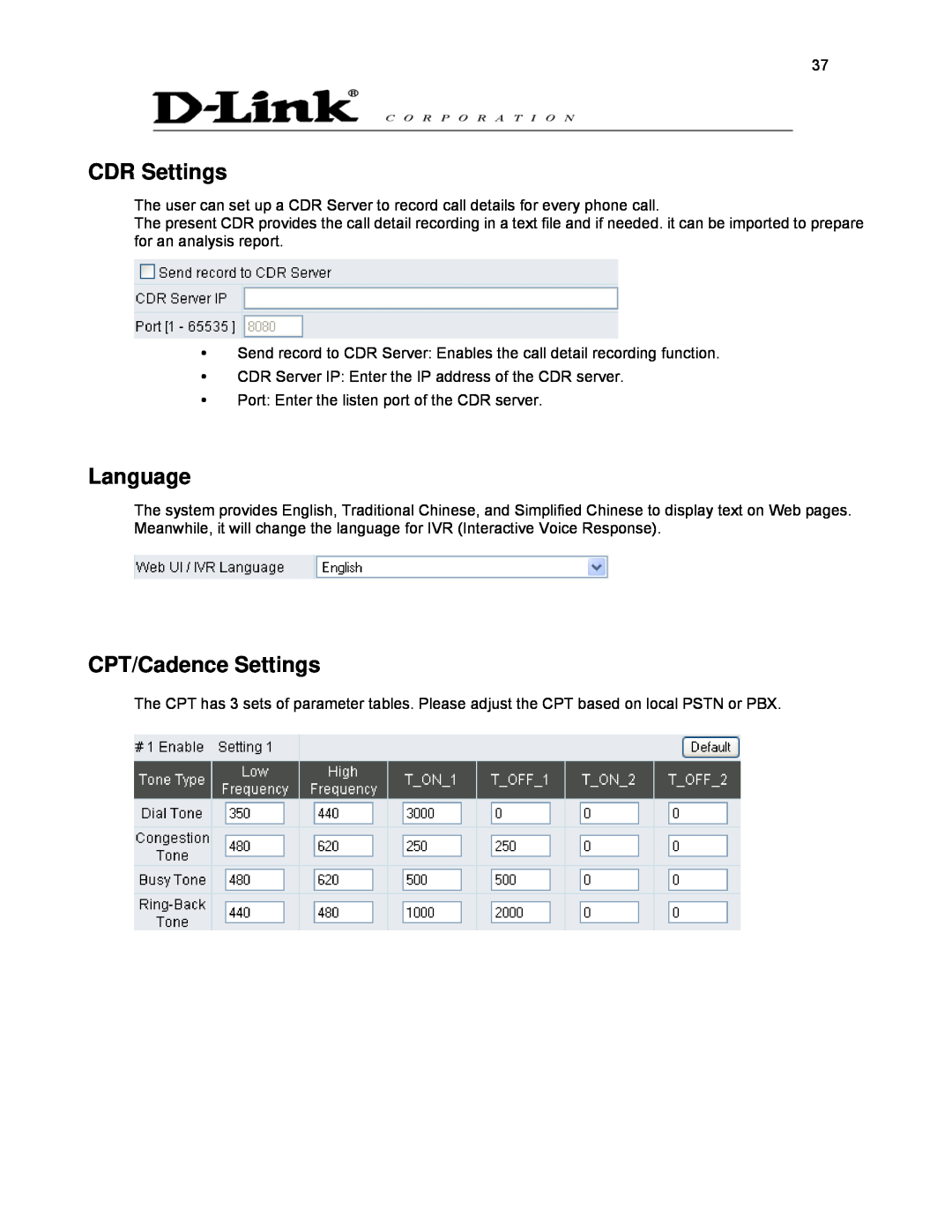 D-Link DVG-2032S user manual CDR Settings, Language, CPT/Cadence Settings 