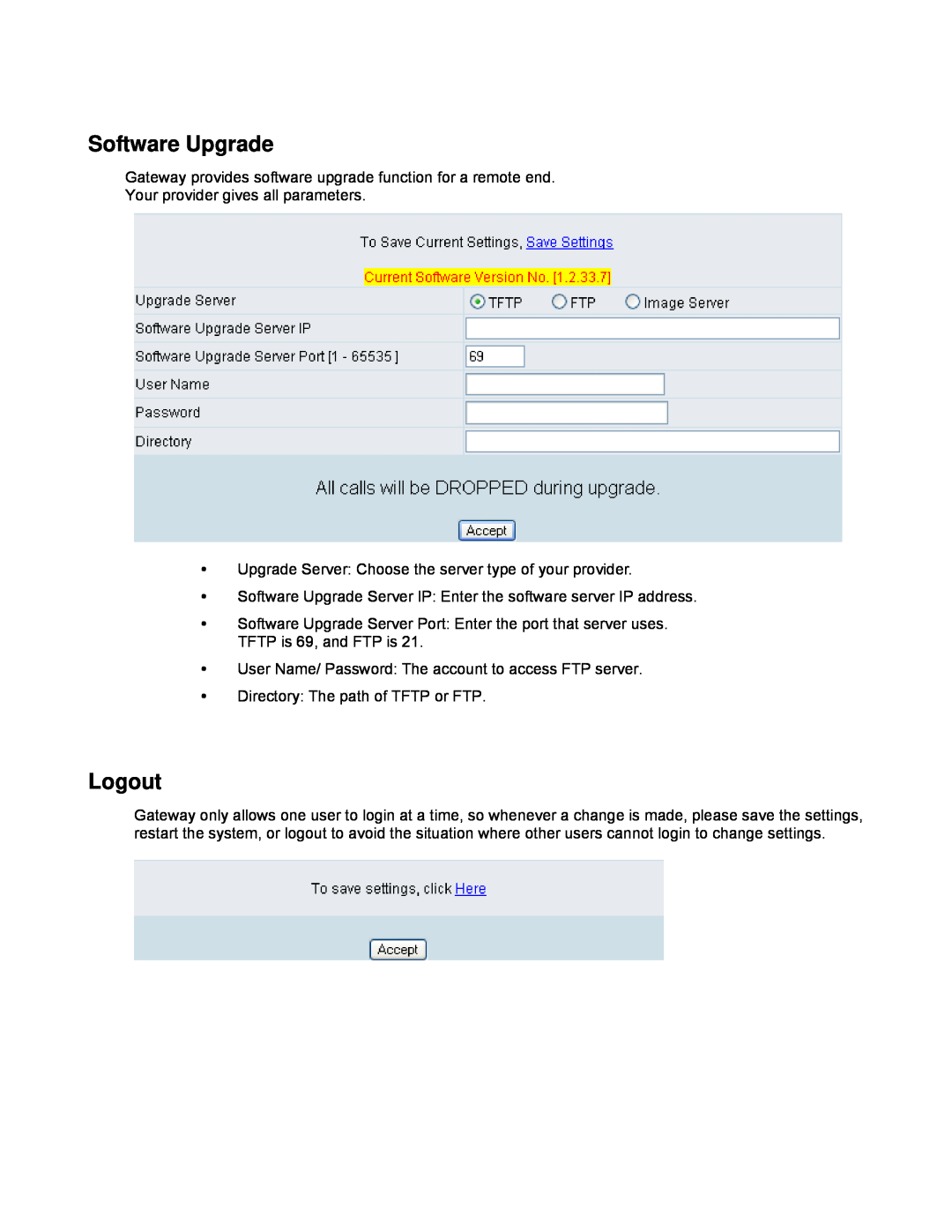 D-Link DVG-2032S user manual Software Upgrade, Logout 