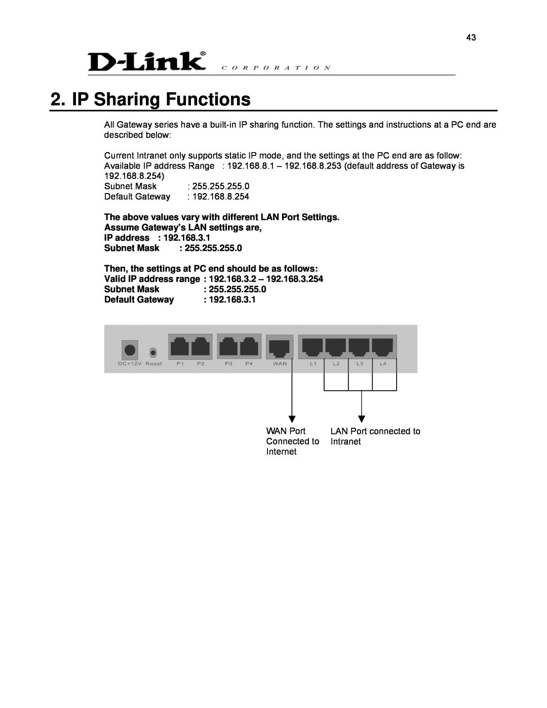 D-Link DVG-2032S IP Sharing Functions, The above values vary with different LAN Port Settings, Subnet Mask, 255.255.255.0 