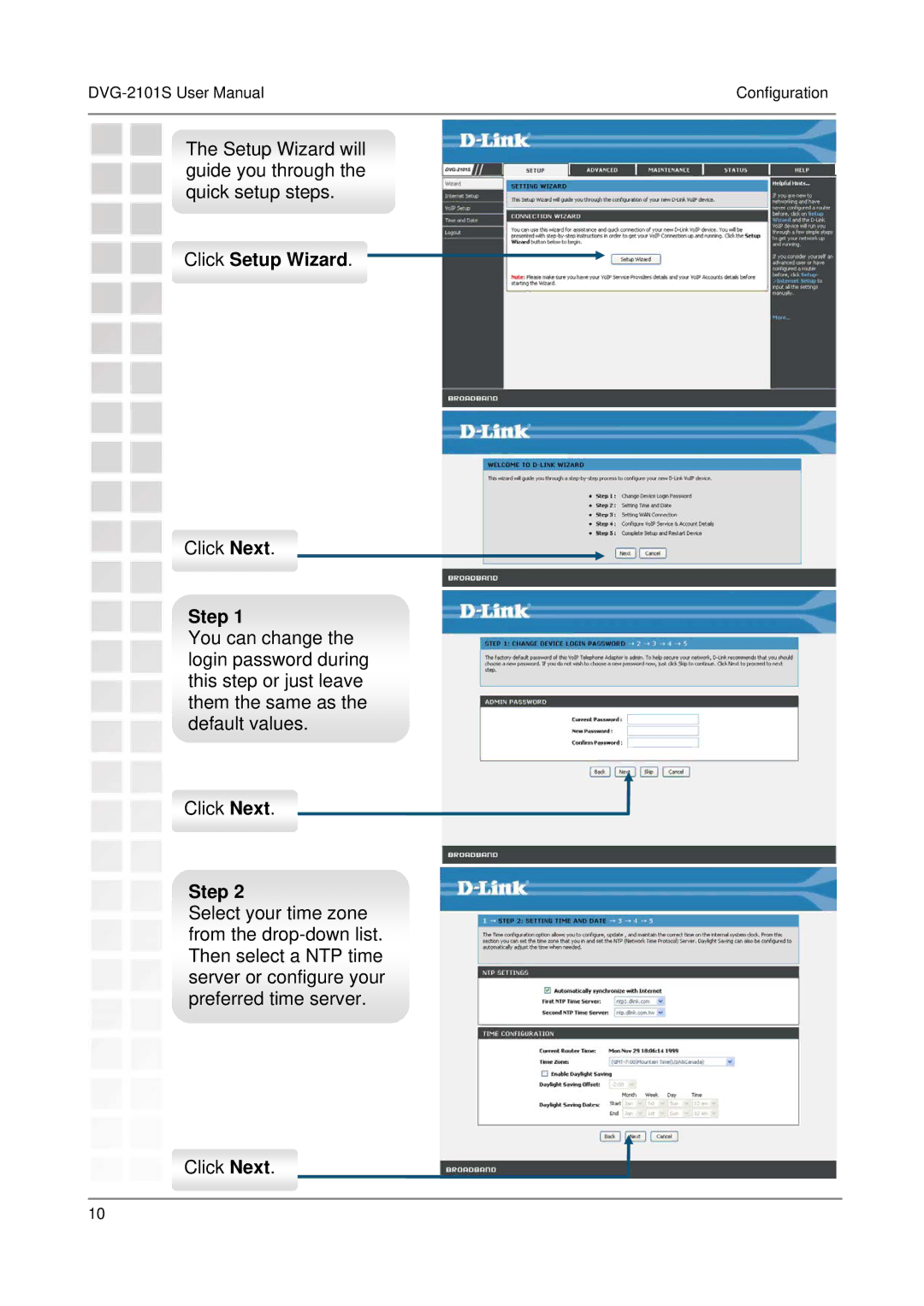 D-Link DVG-2101S user manual Click Setup Wizard, Step 