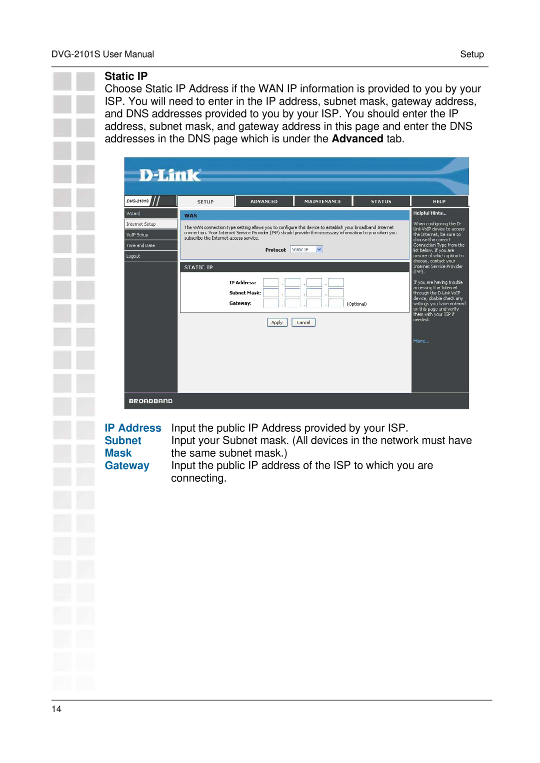 D-Link DVG-2101S user manual Static IP 