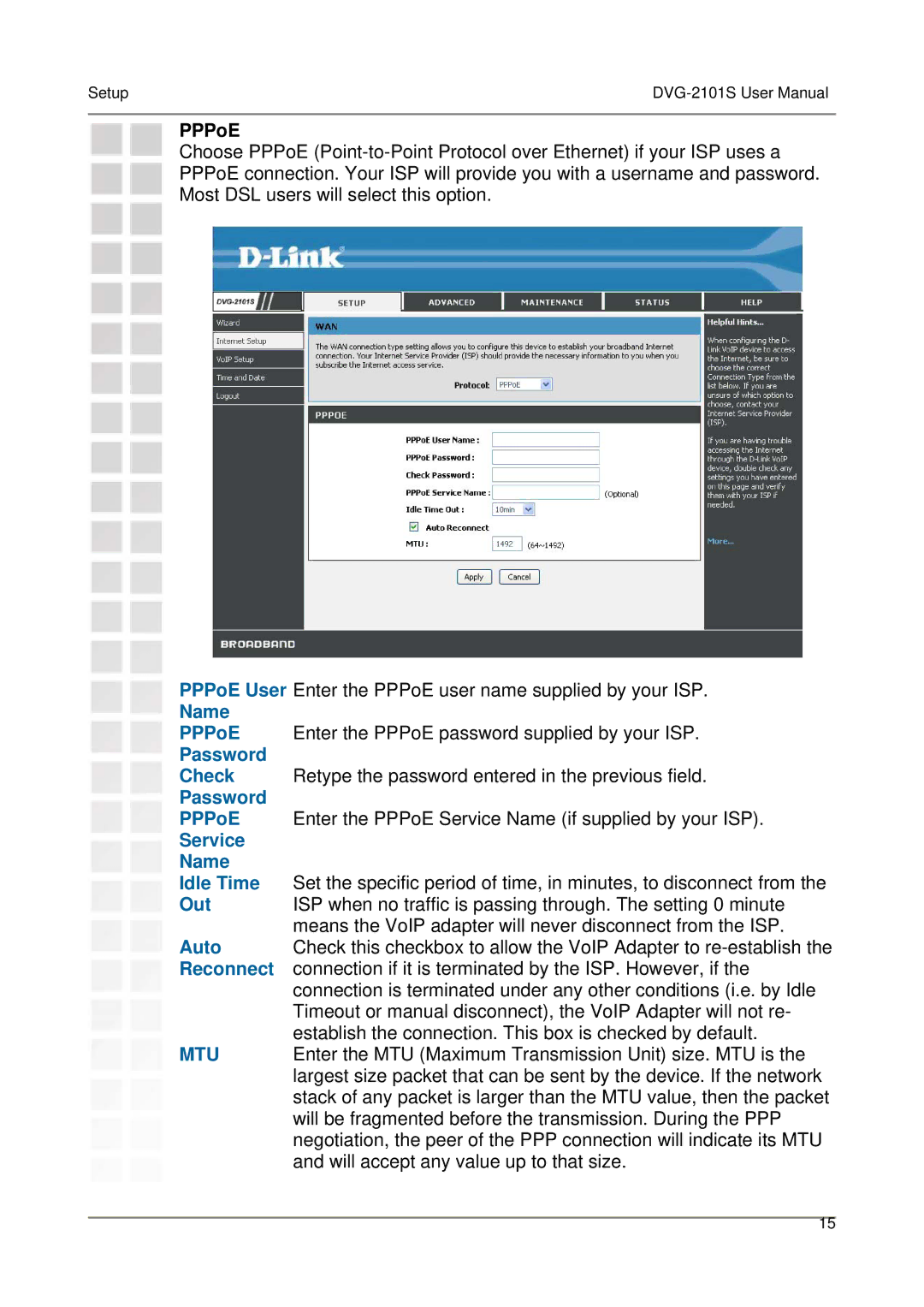 D-Link DVG-2101S user manual PPPoE, Password, Check, Service Name, Idle Time, Out, Auto, Reconnect 