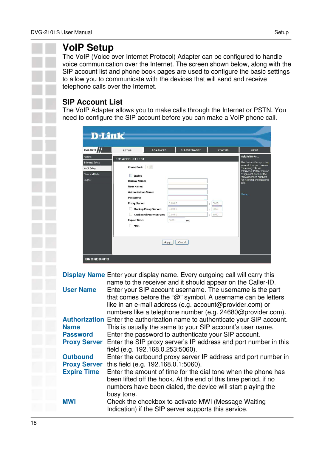 D-Link DVG-2101S user manual VoIP Setup, SIP Account List 