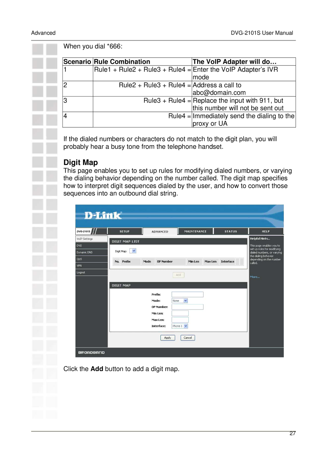 D-Link DVG-2101S user manual Digit Map, Scenario Rule Combination VoIP Adapter will do… 