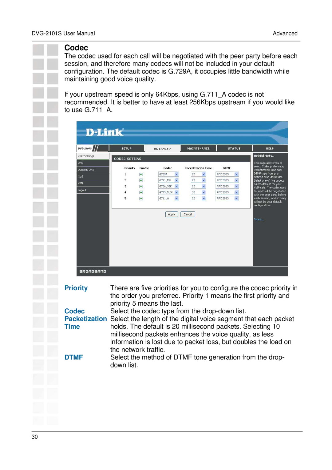 D-Link DVG-2101S user manual Codec, Priority, Packetization 