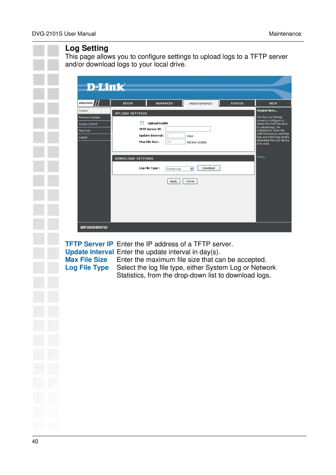 D-Link DVG-2101S user manual Log Setting 