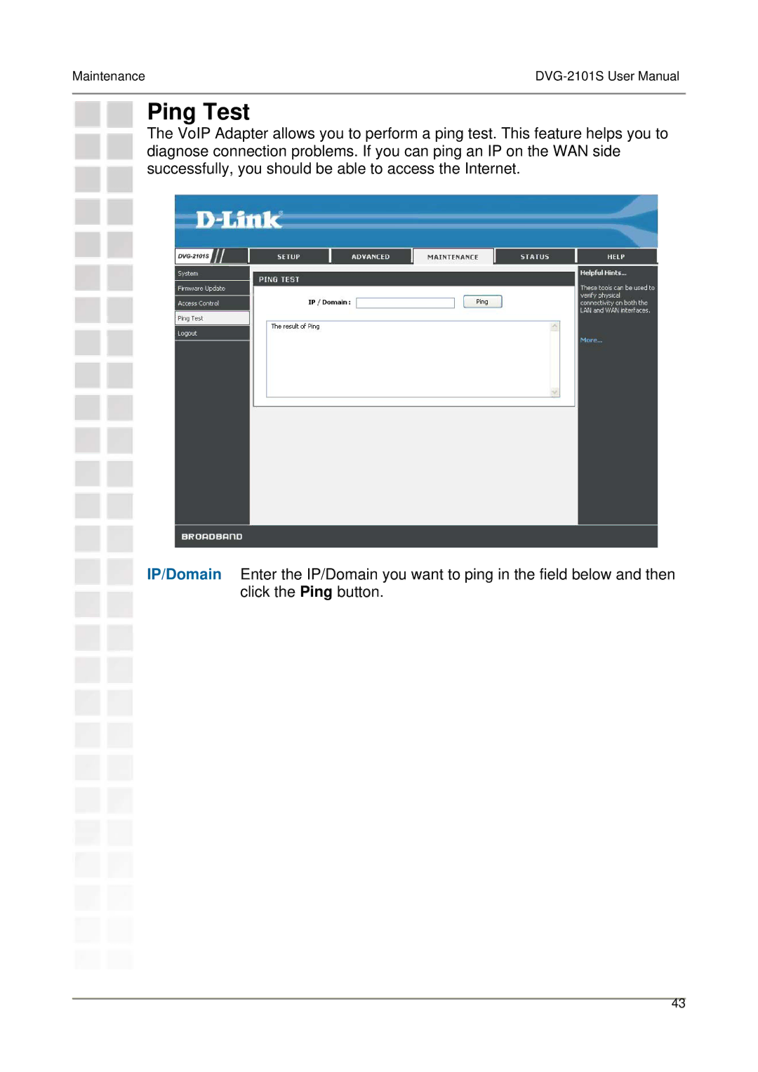 D-Link DVG-2101S user manual Ping Test 