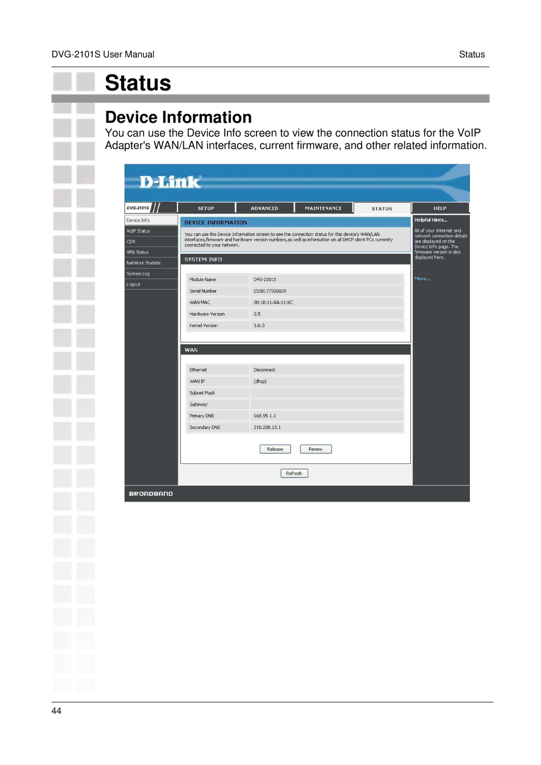 D-Link DVG-2101S user manual Status, Device Information 