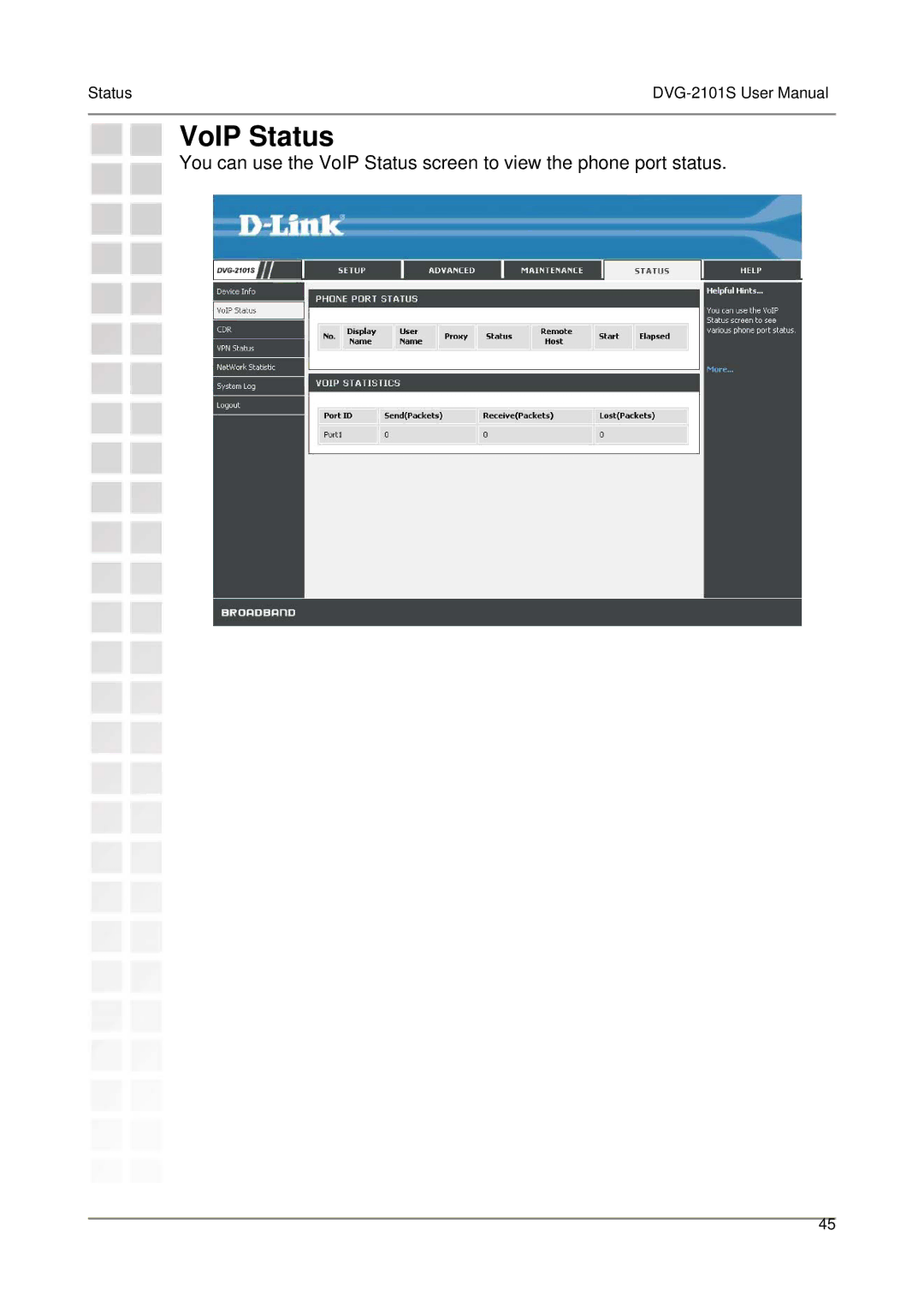 D-Link DVG-2101S user manual VoIP Status 