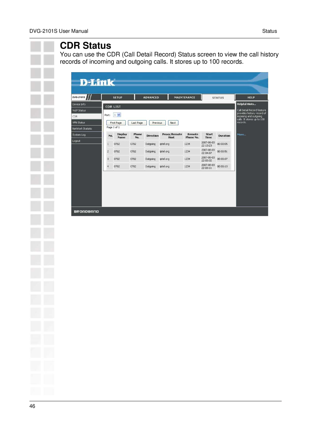 D-Link DVG-2101S user manual CDR Status 