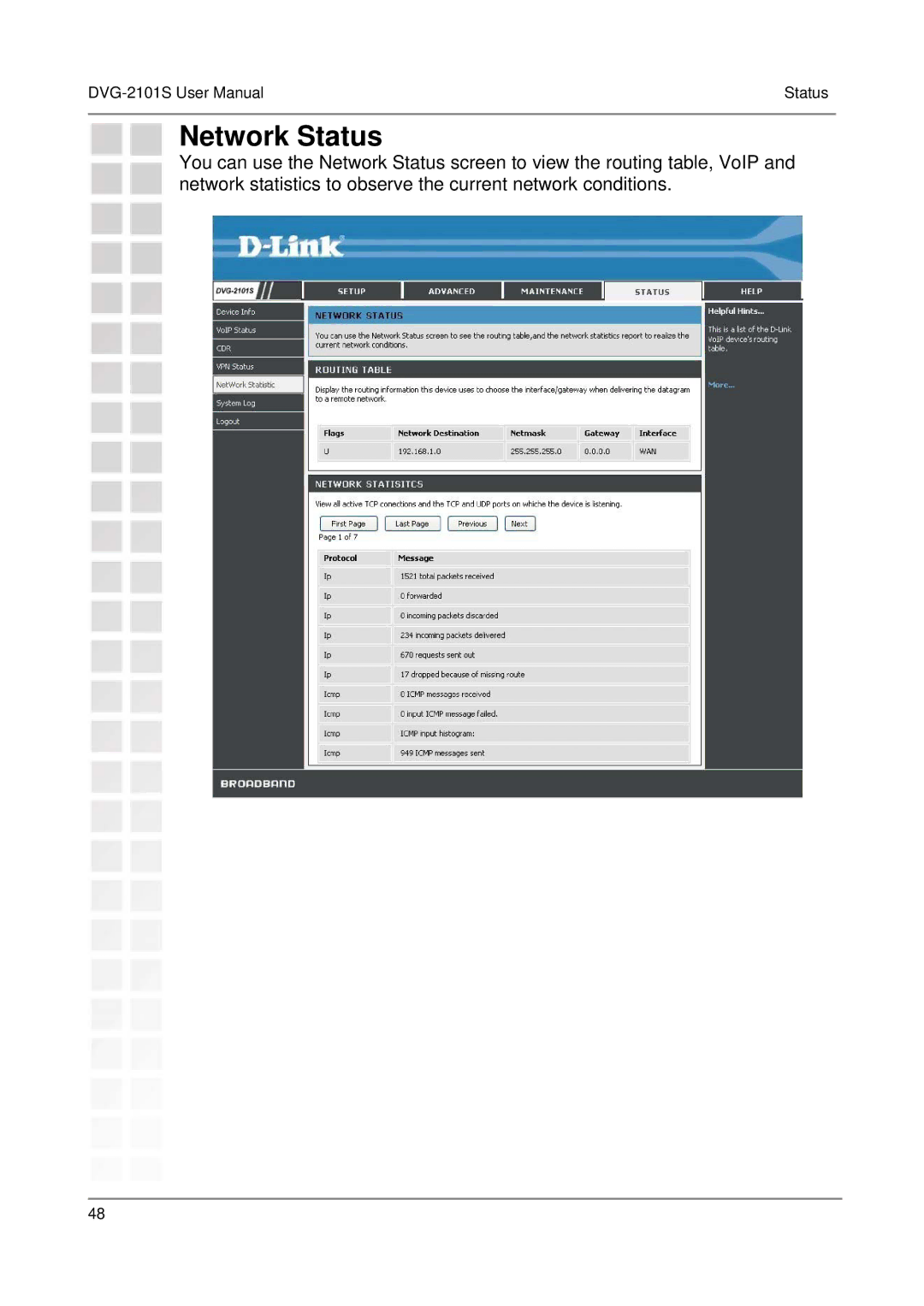 D-Link DVG-2101S user manual Network Status 