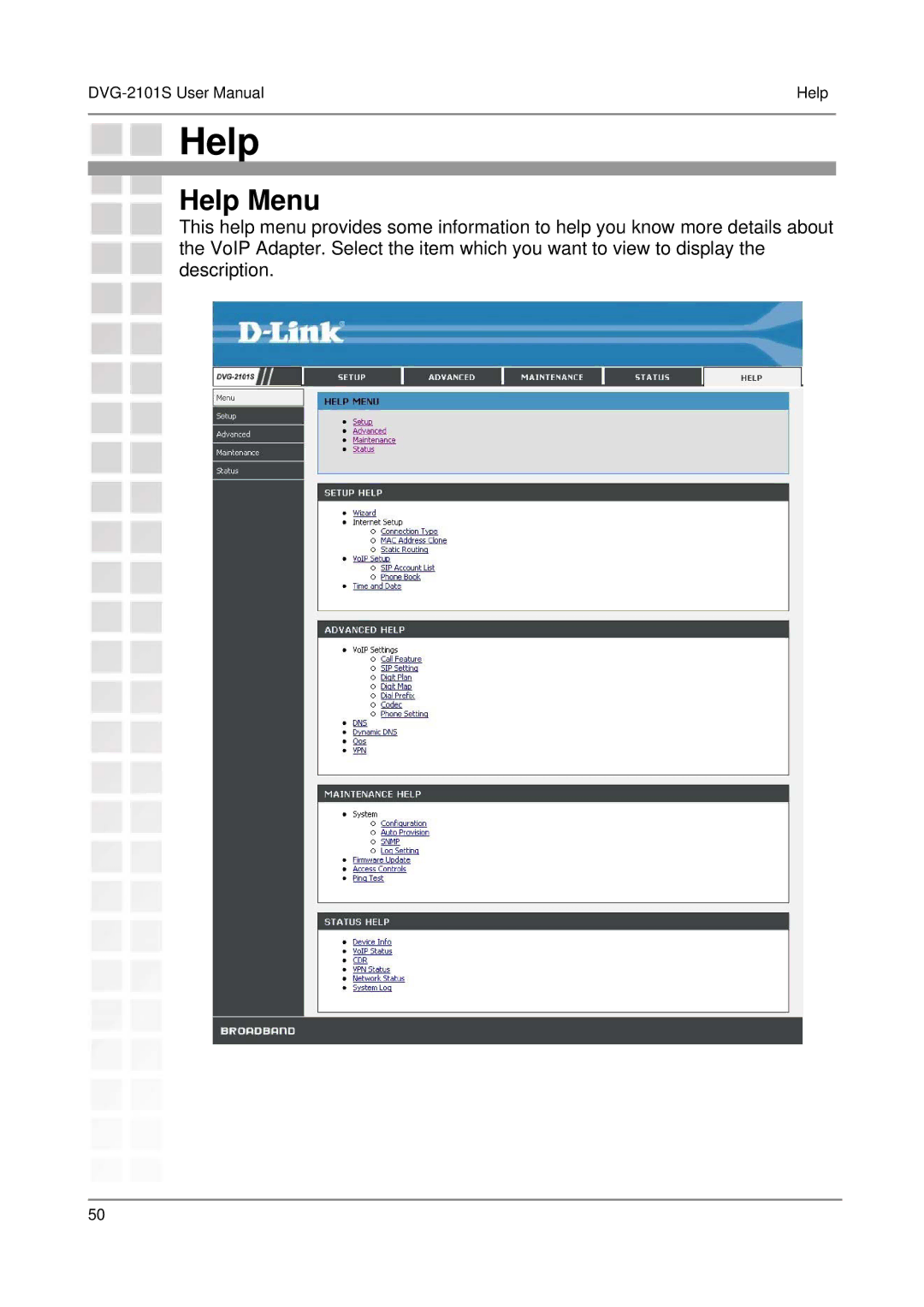 D-Link DVG-2101S user manual Help Menu 