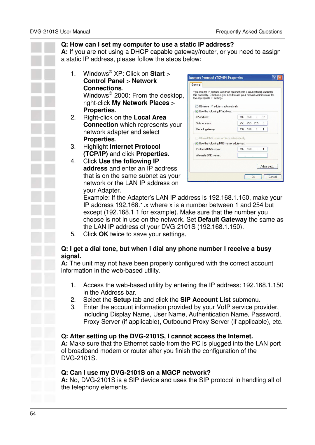 D-Link user manual How can I set my computer to use a static IP address?, Can I use my DVG-2101S on a Mgcp network? 