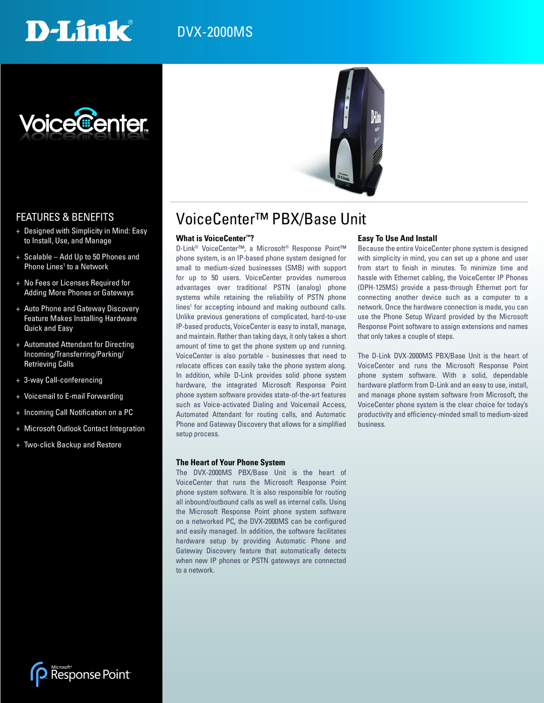 D-Link DVX-2000MS manual VoiceCenter PBX/Base Unit, Features & Benefits, What is VoiceCenter?, Easy To Use And Install 
