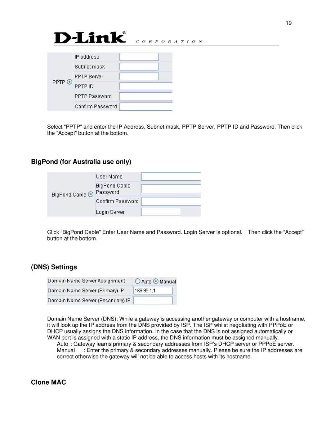 D-Link DVG-6008S user manual BigPond for Australia use only, DNS Settings, Clone MAC 