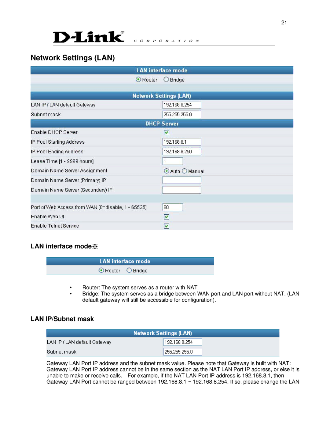 D-Link DVG-6008S user manual Network Settings LAN, LAN interface mode※, LAN IP/Subnet mask 